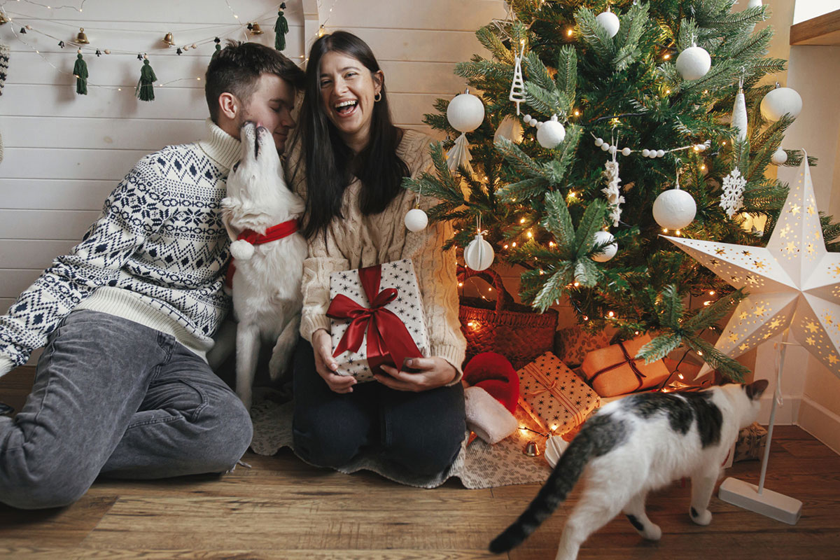 Stylish happy couple having fun with cute dog on background of christmas presents, xmas tree in lights in festive decorated room. Adorable dog kissing family owners in cozy sweaters. Merry Christmas!