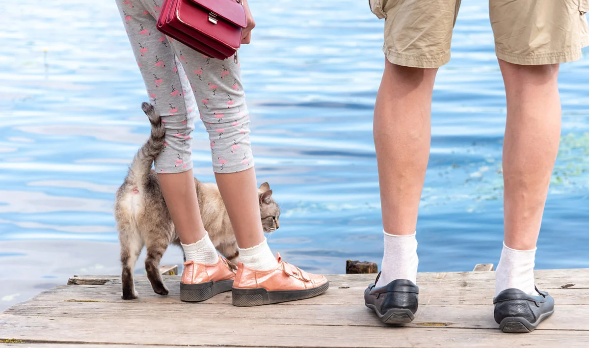 Young man and woman with red handbag and cute tabby cat stand on old wooden pier above tranquil blue river with small waves on sunny summer day closeup.